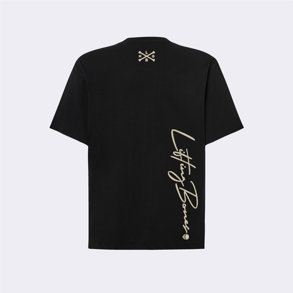 Camiseta negra con logos crema